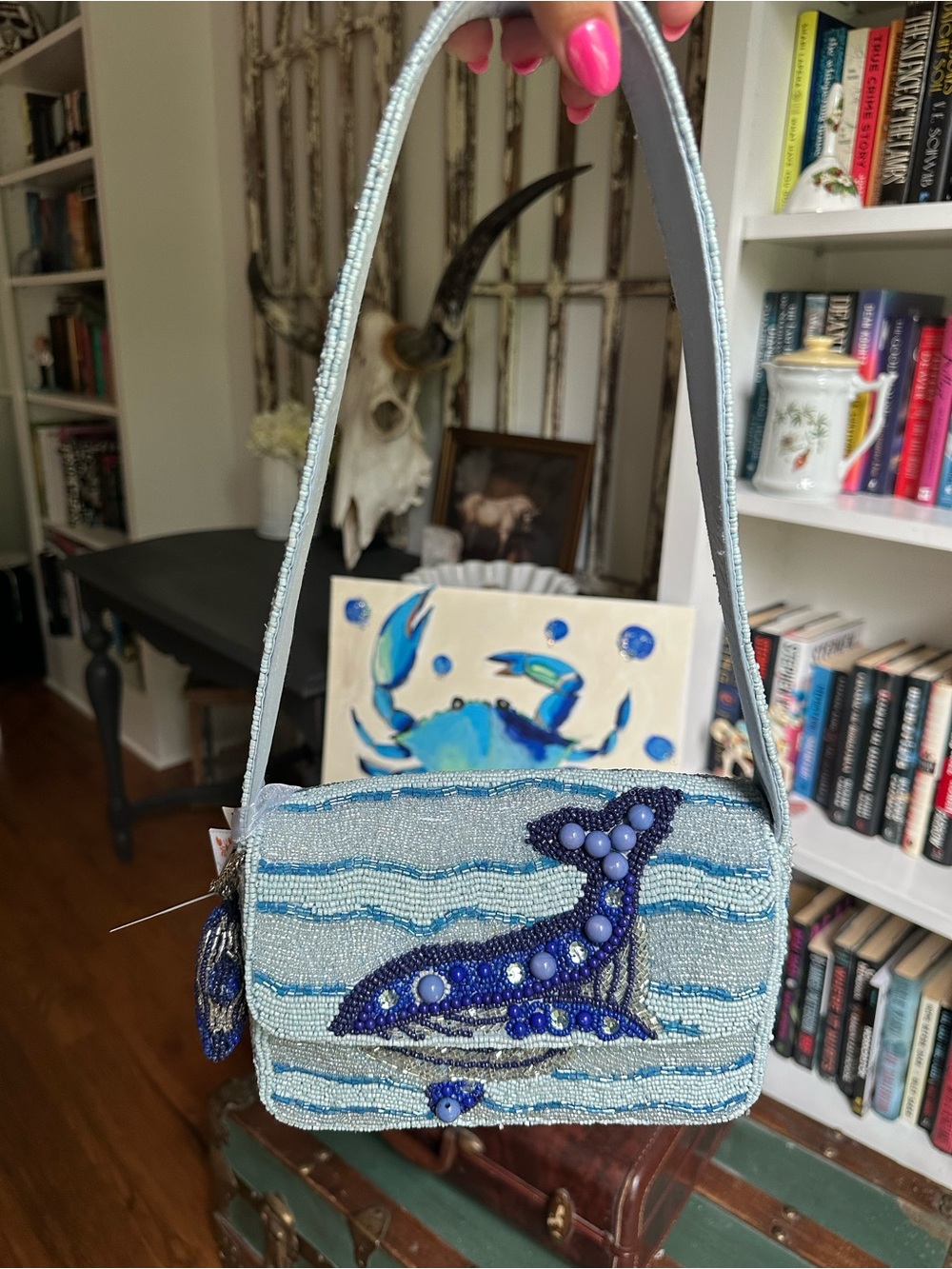 NWT Viral Handcrafted In India Blue Whale Beaded Bag with Charm ๐ ๐ ๐ - Picture 2 of 9